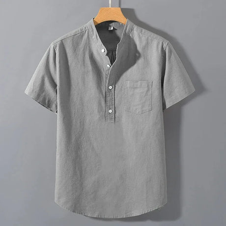 Men’s Short Sleeve Solid Color Stand Collar Cotton Shirt