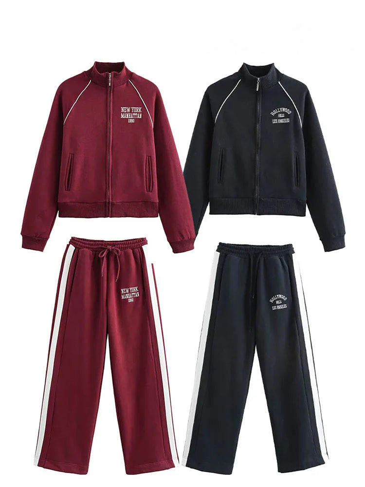 Velvet Two Piece Outfit for Women – Printed Zip Jacket and Casual Pants