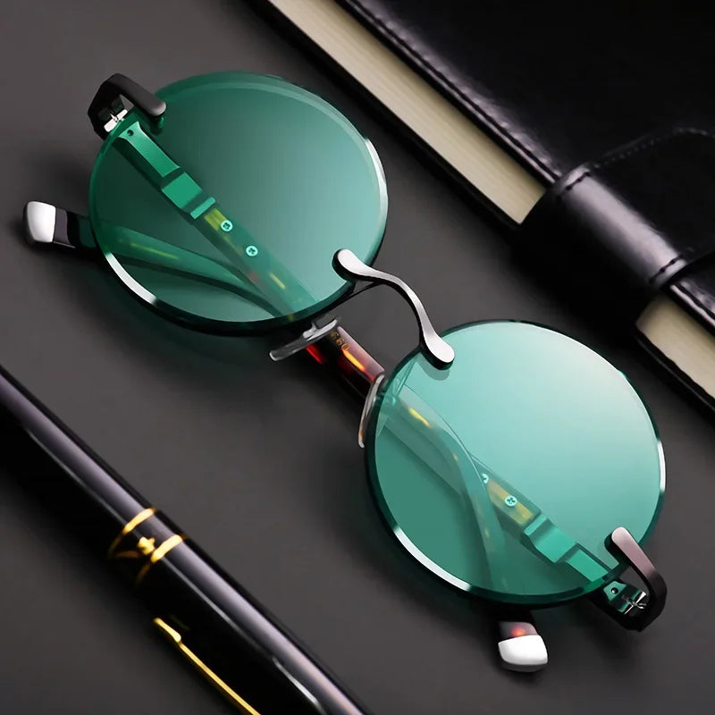 Fashion Rimless Sunglasses for Women & Men – Retro Round Frame with Crystal Dark Green Lens | Classic Outdoor Driving Eyewear