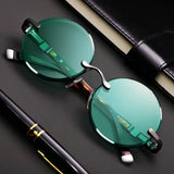 Fashion Rimless Sunglasses for Women & Men – Retro Round Frame with Crystal Dark Green Lens | Classic Outdoor Driving Eyewear