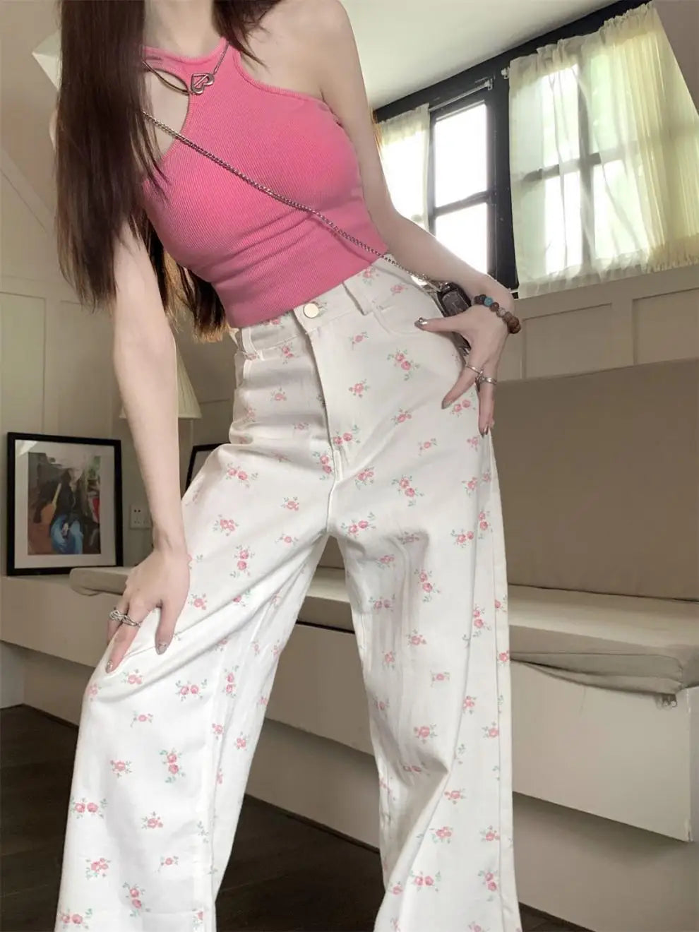 White Floral Straight Jeans for Women