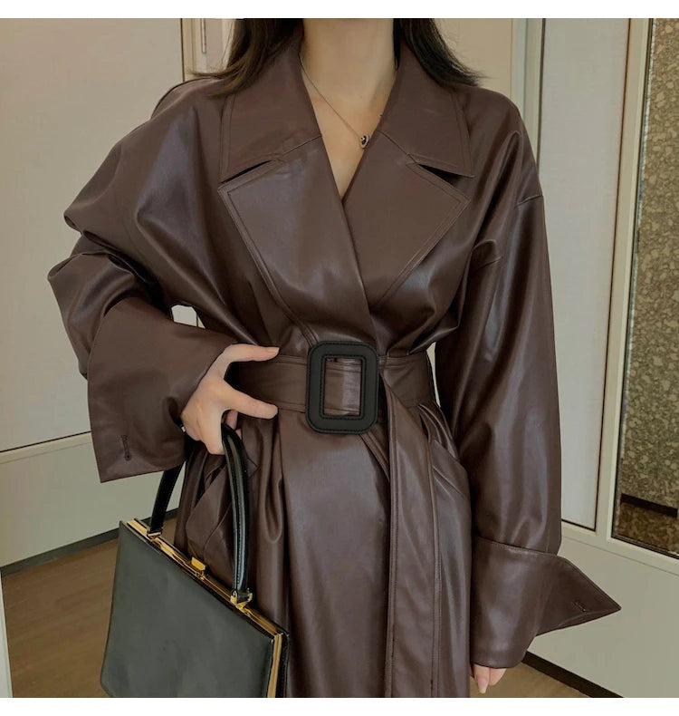 Lautaro Long Leather Trench Coat – Oversized Fall Streetwear for Women