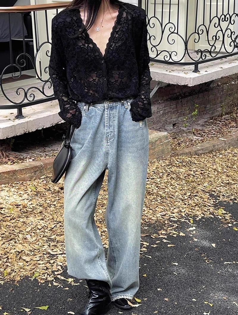 Y2K Lace Sheer Long Sleeve Blouse