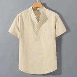 Men’s Short Sleeve Solid Color Stand Collar Cotton Shirt