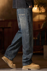 Men’s Elastic Waist Relaxed Fit Jeans – Blue Denim with Zipper and Button