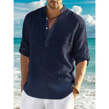 Men’s Classic Casual Stand-Up Collar V-Neck Long Sleeve Shirt