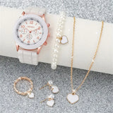 6PCS/Set Women's Watches Casual Silicone Band Analog Quartz Watch Heart Pearls Jewelry Set (Without Box)