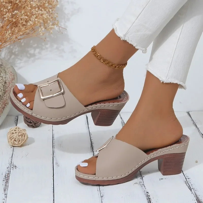 Women’s Chunky Heel Buckle Designer Slippers