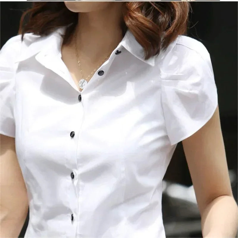 Women’s Summer Short Sleeve Office Blouse – Black/White Formal Work Shirt