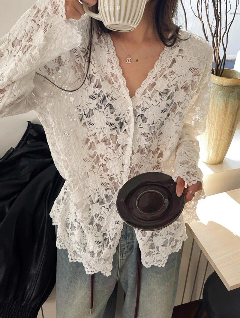 Y2K Lace Sheer Long Sleeve Blouse