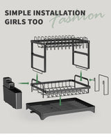 2-Tier Dish Drying Rack with Cutlery Holder, Cup Hooks & Draining Tray