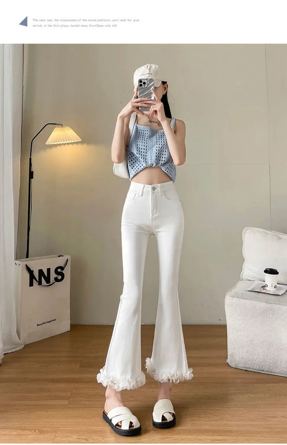 White Lace Spliced Flared Imitation Jeans for Women