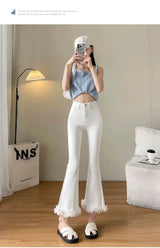 White Lace Spliced Flared Imitation Jeans for Women