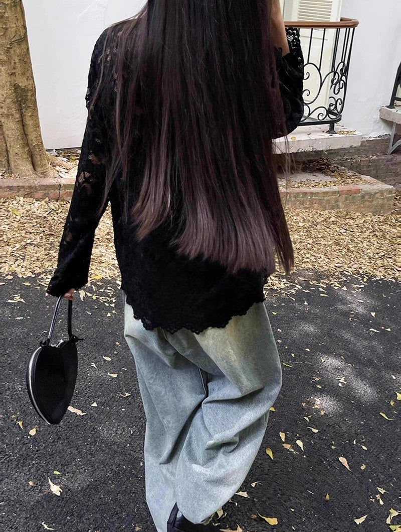 Y2K Lace Sheer Long Sleeve Blouse