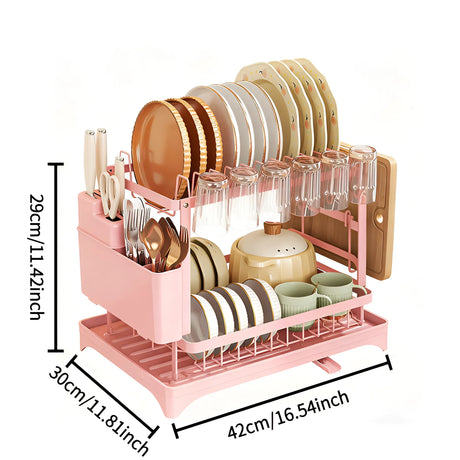 2-Tier Dish Drying Rack with Cutlery Holder, Cup Hooks & Draining Tray