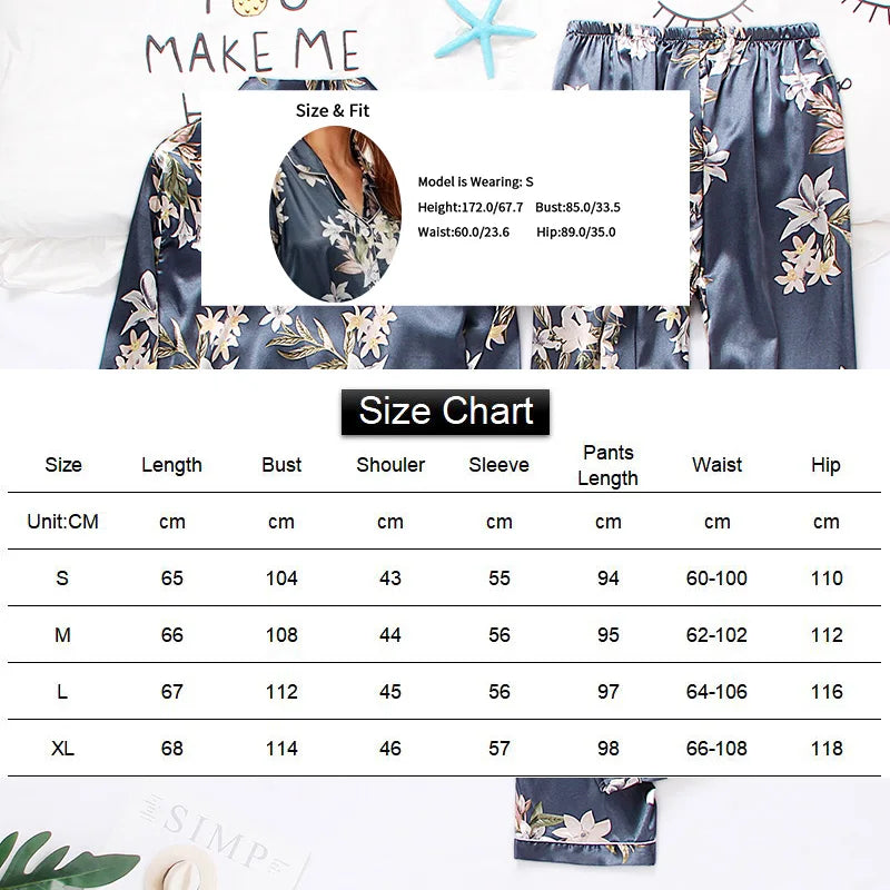 Women’s Satin Floral Pajamas Set – Autumn Long Sleeve Top & Pants Sleepwear | 2-Piece Silk Homewear Pyjama Femme