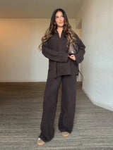 Brown V-Neck Knit Shirt and Pants