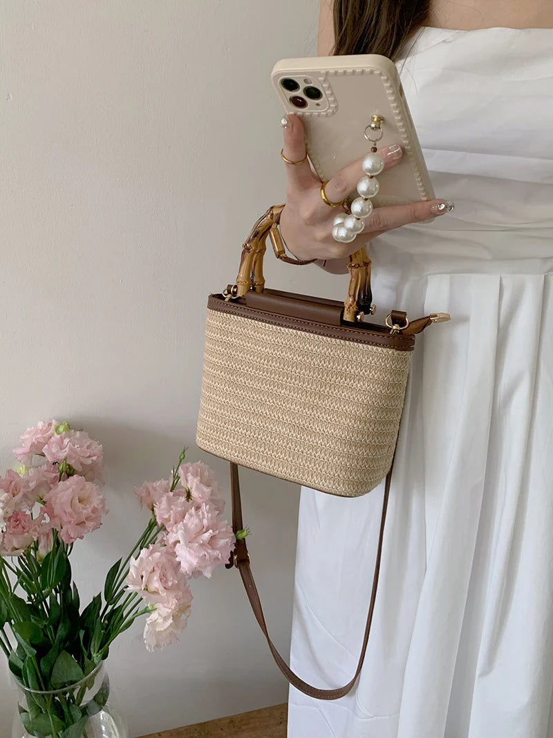 Hand Knitted Women’s Straw Bucket Handbag with Wooden Handle