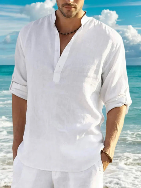 Men’s Classic Casual Stand-Up Collar V-Neck Long Sleeve Shirt