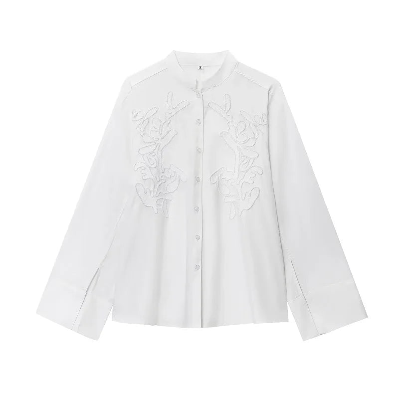 MUJER Women’s White Embroidered Button-Up Long Sleeve Summer Shirt