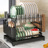 2-Tier Dish Drying Rack with Cutlery Holder, Cup Hooks & Draining Tray