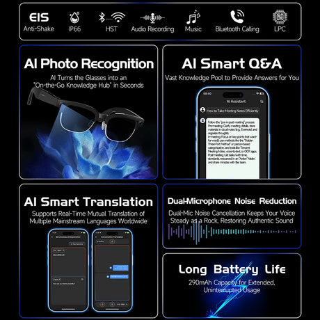AI Smart Glasses with Translation, 4K Camera, Object Recognition & Bluetooth