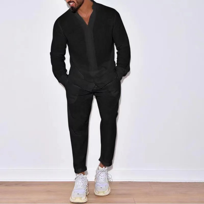 Men’s Casual Linen Outfit – Long Sleeve Shirt and Pants Set