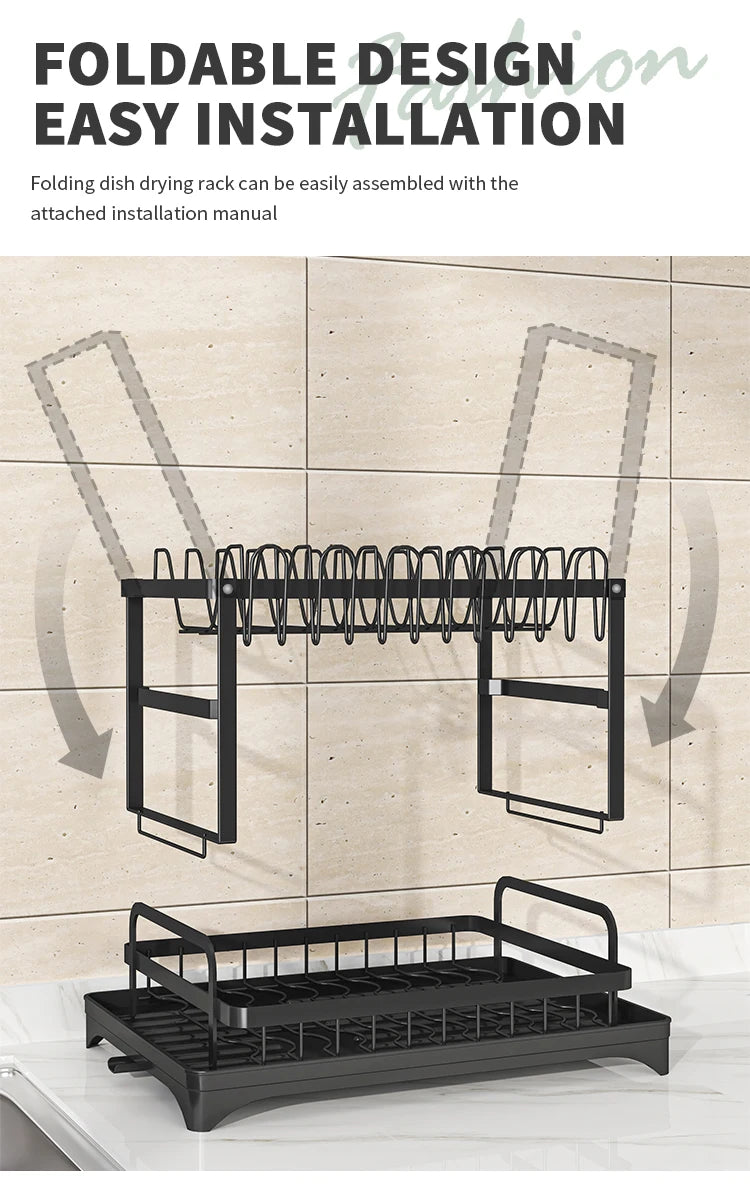 2-Tier Dish Drying Rack with Cutlery Holder, Cup Hooks & Draining Tray