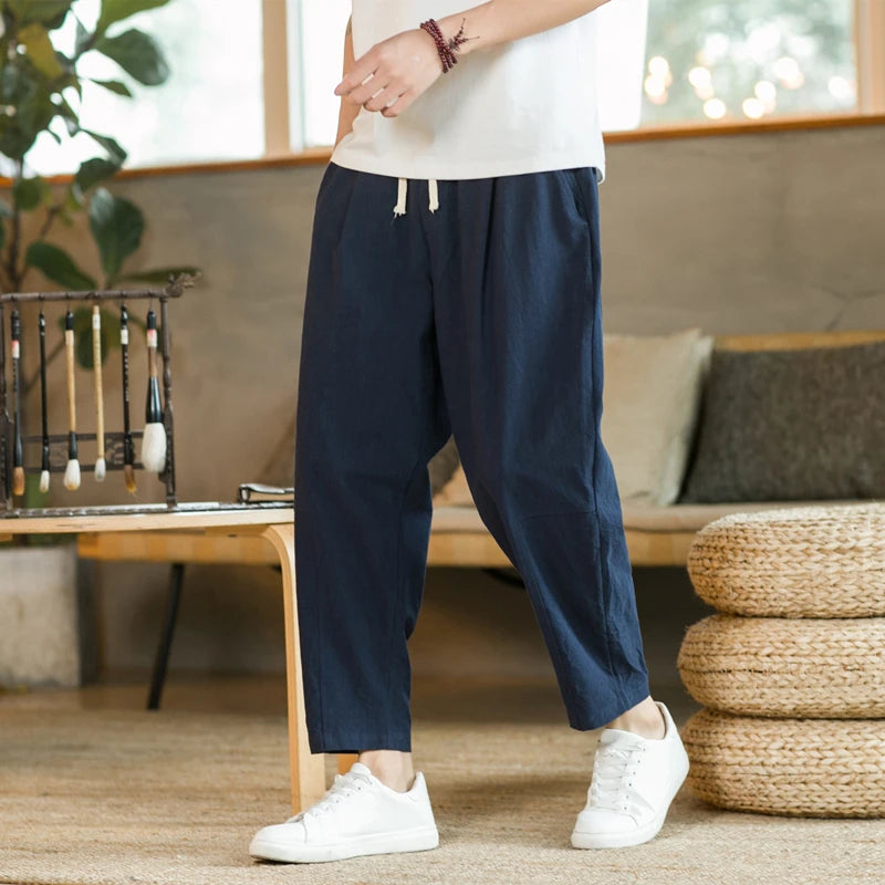 Men’s Cotton Linen Casual Pants – Breathable Solid Color Loose Fit Shorts & Straight Drawstring Trousers | Summer Streetwear 2025