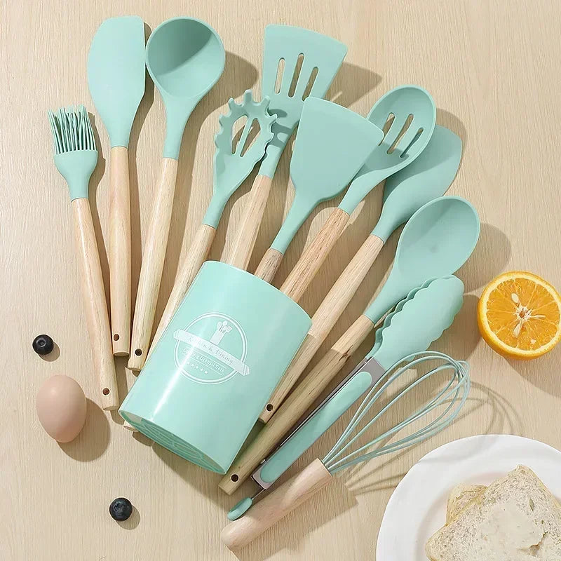 12PCS Silicone Kitchen Utensils Set – Non-Stick Cookware Tools with Wooden Handles