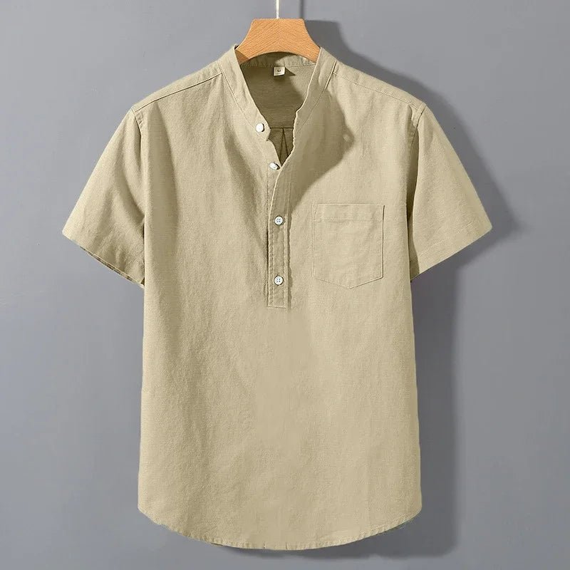 Men’s Short Sleeve Solid Color Stand Collar Cotton Shirt