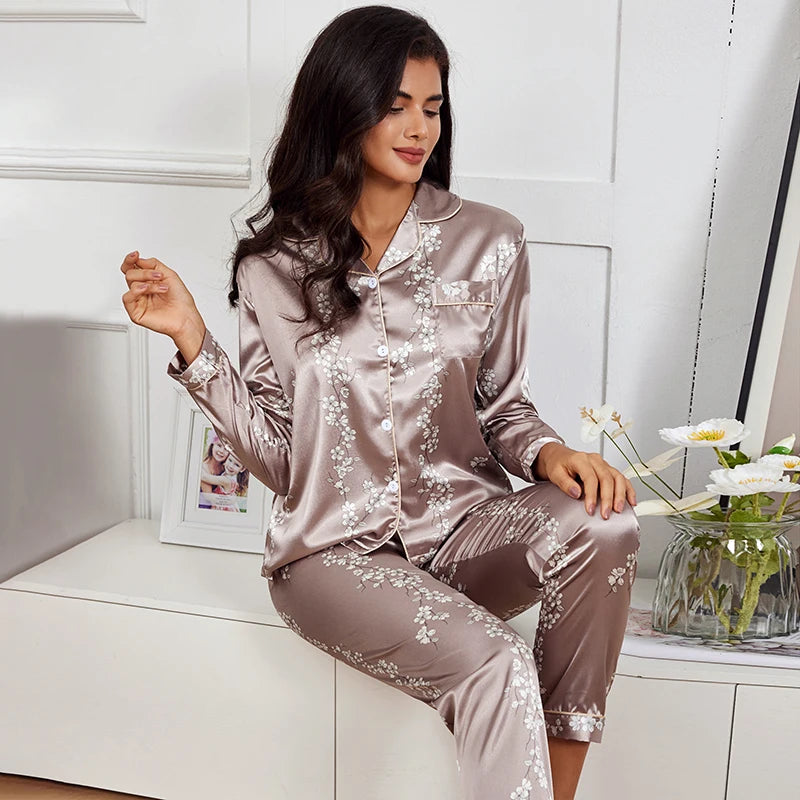 Women’s Satin Floral Pajamas Set – Autumn Long Sleeve Top & Pants Sleepwear | 2-Piece Silk Homewear Pyjama Femme
