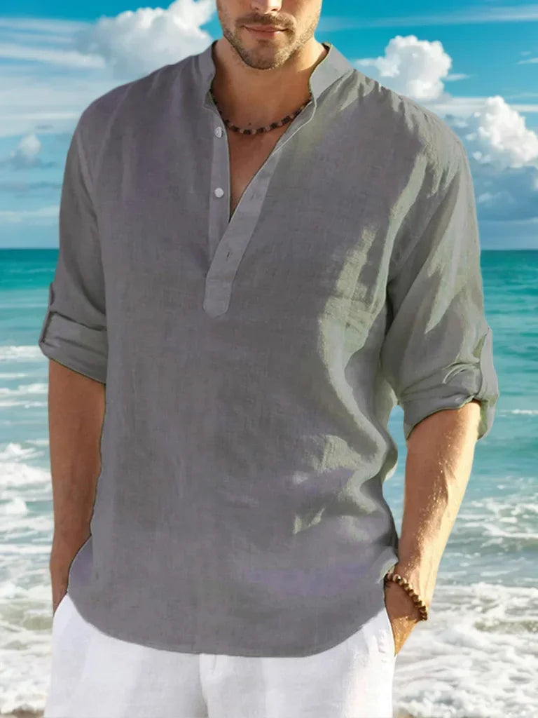 Men’s Classic Casual Stand-Up Collar V-Neck Long Sleeve Shirt