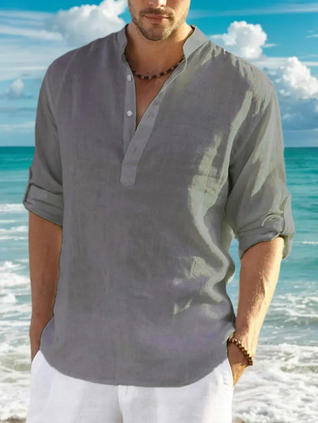 Men’s Classic Casual Stand-Up Collar V-Neck Long Sleeve Shirt