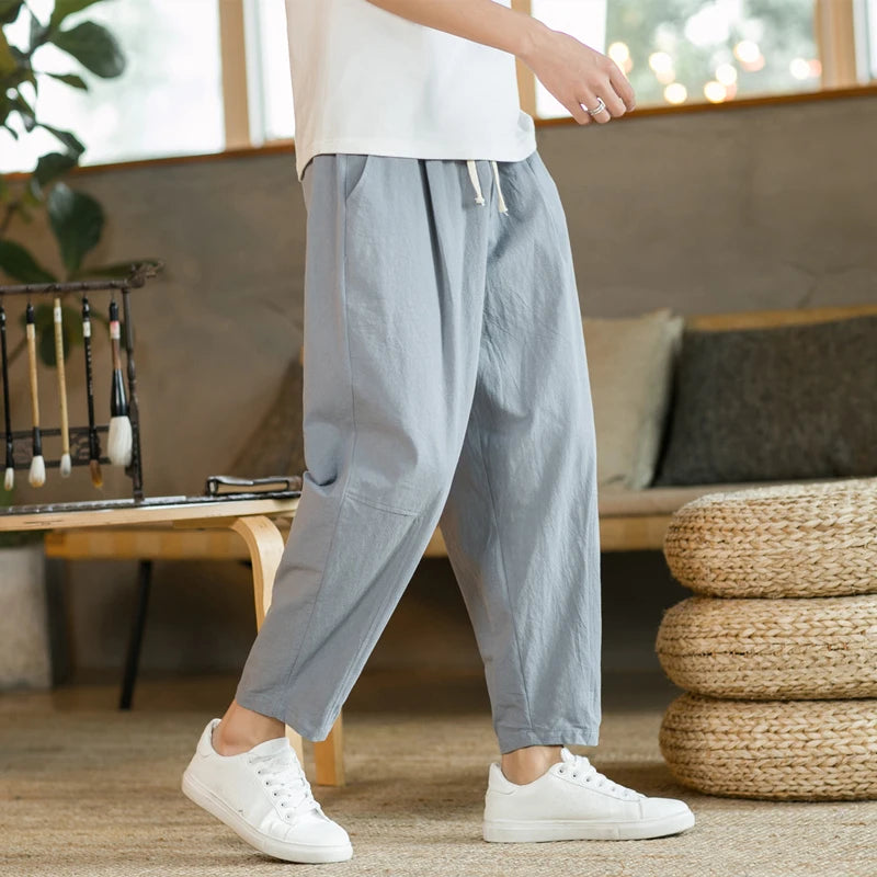 Men’s Cotton Linen Casual Pants – Breathable Solid Color Loose Fit Shorts & Straight Drawstring Trousers | Summer Streetwear 2025