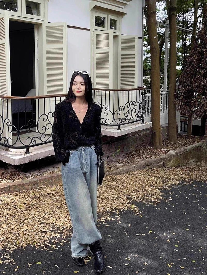 Y2K Lace Sheer Long Sleeve Blouse