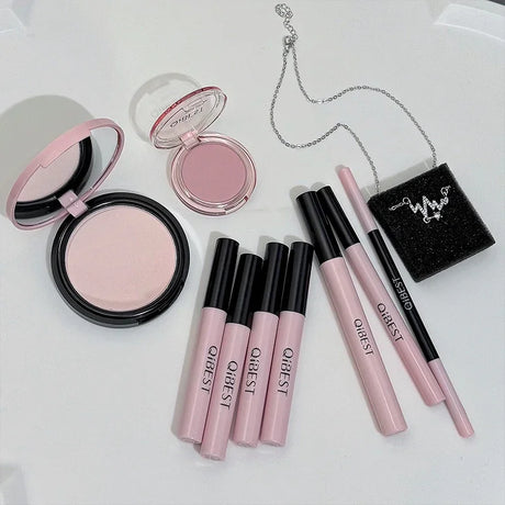 QIBEST 9PC Cosmetics Kit – Lip Mud, Pressed Powder, Blush, Eyeliner, Mascara & Eyebrow Pencil