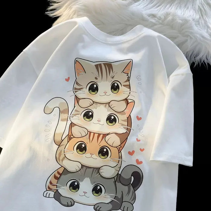 Cute Cartoon Cat Print T-shirt