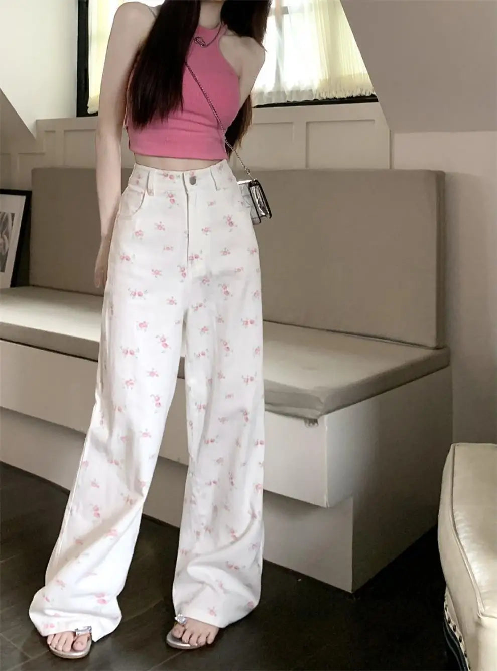 White Floral Straight Jeans for Women