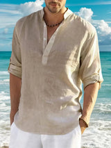 Men’s Classic Casual Stand-Up Collar V-Neck Long Sleeve Shirt