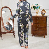 Women’s Satin Floral Pajamas Set – Autumn Long Sleeve Top & Pants Sleepwear | 2-Piece Silk Homewear Pyjama Femme