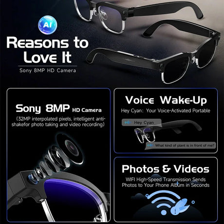 AI Smart Glasses with Translation, 4K Camera, Object Recognition & Bluetooth