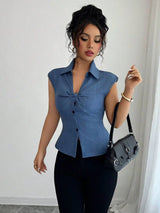 Women’s Elegant Summer Imitation V-Neck Jean Top