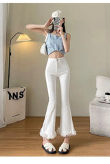 White Lace Spliced Flared Imitation Jeans for Women