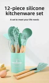 12PCS Silicone Kitchen Utensils Set – Non-Stick Cookware Tools with Wooden Handles