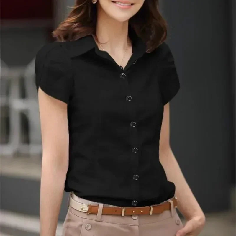 Women’s Summer Short Sleeve Office Blouse – Black/White Formal Work Shirt