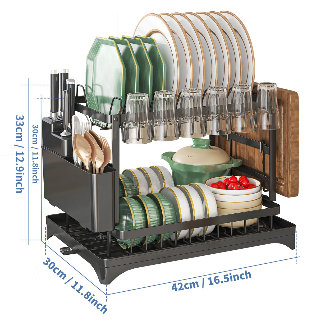 2-Tier Dish Drying Rack with Cutlery Holder, Cup Hooks & Draining Tray
