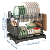 2-Tier Dish Drying Rack with Cutlery Holder, Cup Hooks & Draining Tray