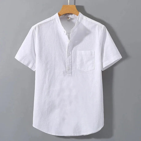 Men’s Short Sleeve Solid Color Stand Collar Cotton Shirt