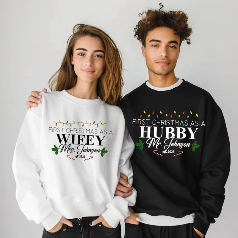 Custom “Our First Christmas as Mr & Mrs” Sweater – Hubby & Wifey Matching Sweatshirts | Newlywed Couple Christmas Gift